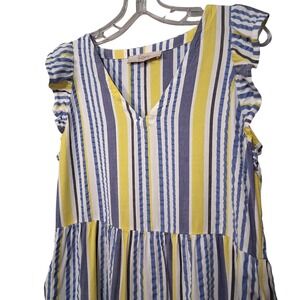 Loft Womens XS‎ Dress White Blue Yellow Stripes Ruffle Sleeve Above Knee Pockets